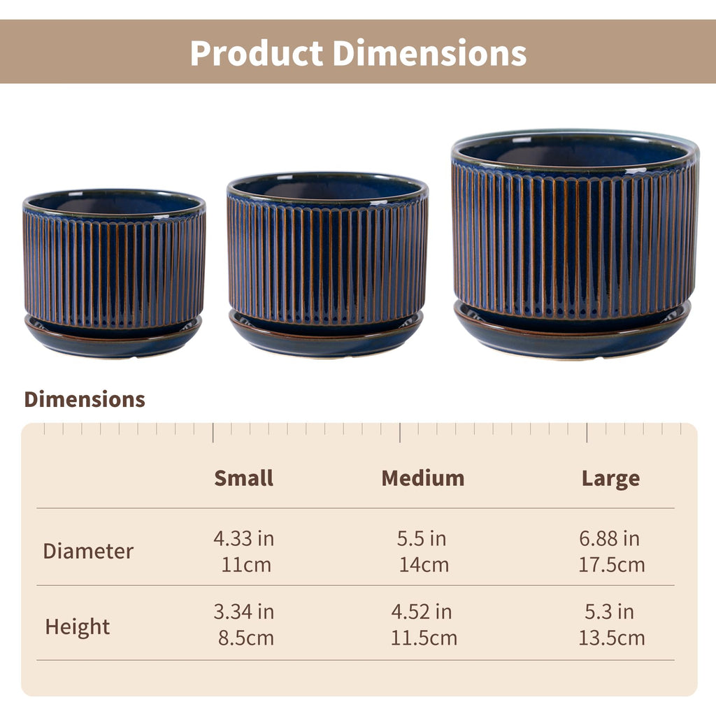 Ceramic Plant Pots Set of 3, 4.3+5.5+6.8 Inch Indoor Outdoor Planters with Drainage Hole and Saucer, Ceramic Flower
