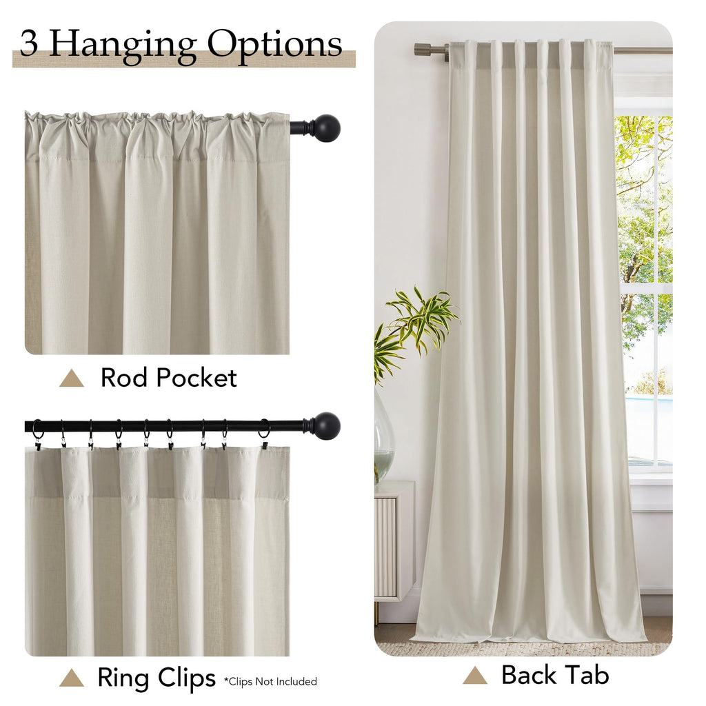 Beige Cotton Linen Curtains 84 inch Long 2 Panels Set, 55" Wide Flax Belgian Linen Blend Organic Privacy Window