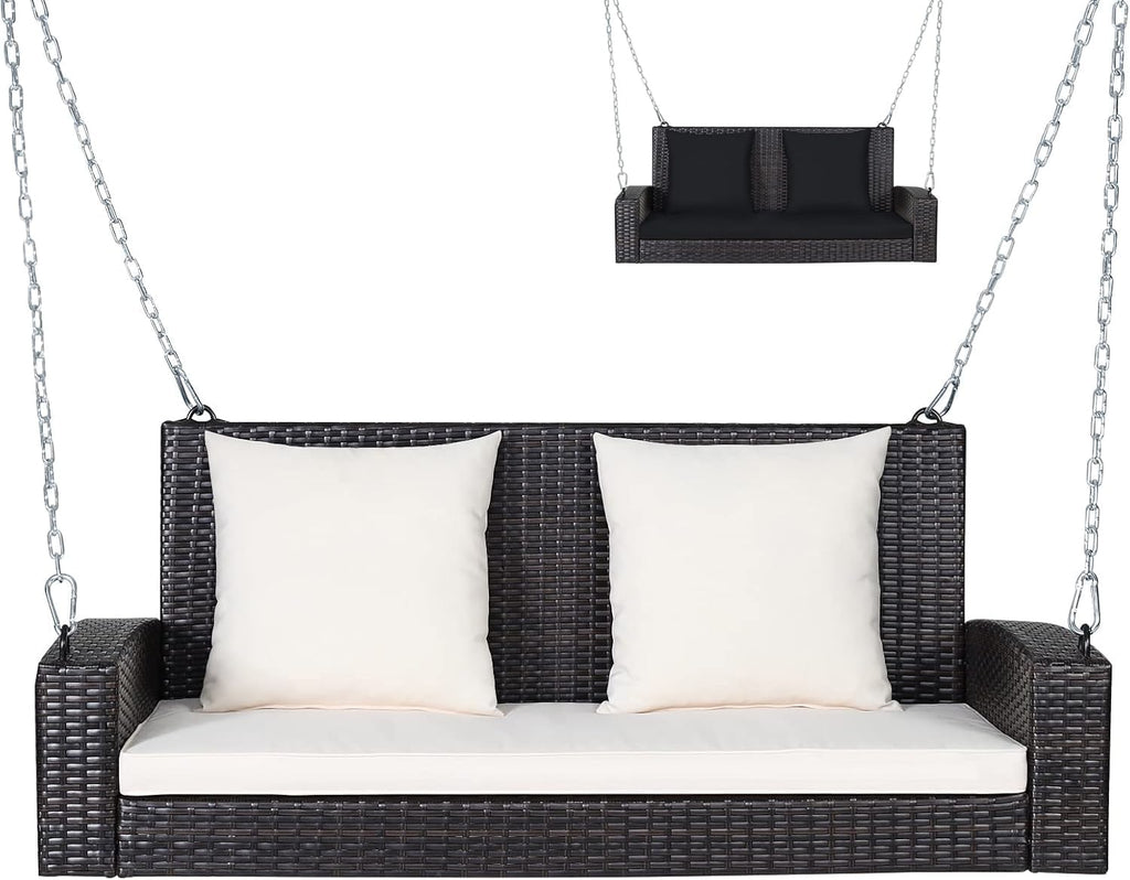 2-Seat Rattan Porch Swing, Wicker Outdoor Swings w/7.9 Ft Solid Metal Chain, Back & Seat Cushions for Garden