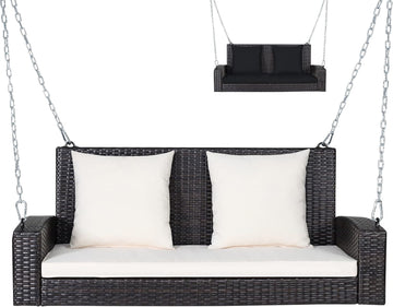2-Seat Rattan Porch Swing, Wicker Outdoor Swings w/7.9 Ft Solid Metal Chain, Back & Seat Cushions for Garden
