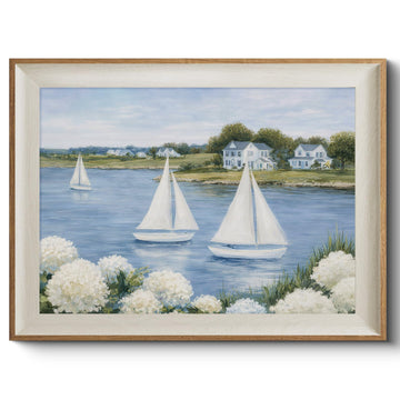 Classic Framed Coastal Flowers Wall Art Print, White Blue Hydrangea Floral Sailboat Summer Cape Cod Ocean Landscape