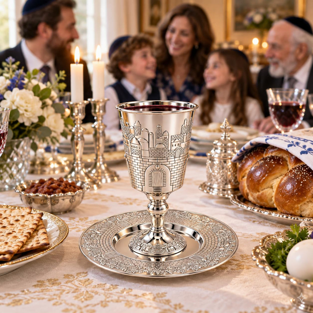Tall Kiddush Cup with Leg Jerusalem Design, Premium Quality Silver Plated Goblet, Shabbat and Havdalah Goblet
