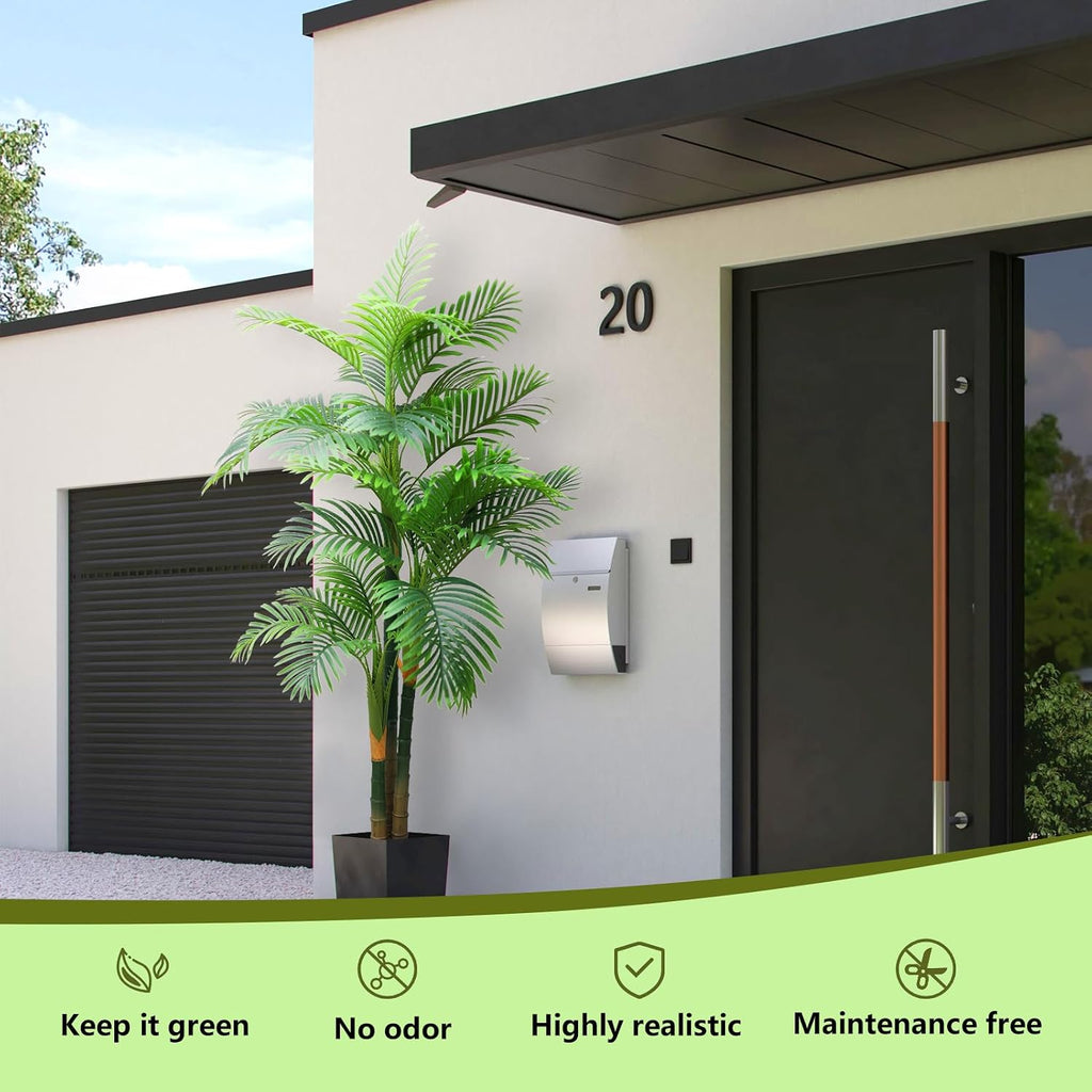 7FT Fake Palm Trees, Artificial Golden Cane Palm Tree 84IN, Green Large Tropical Palm Fake Plant in Pot for Indoor
