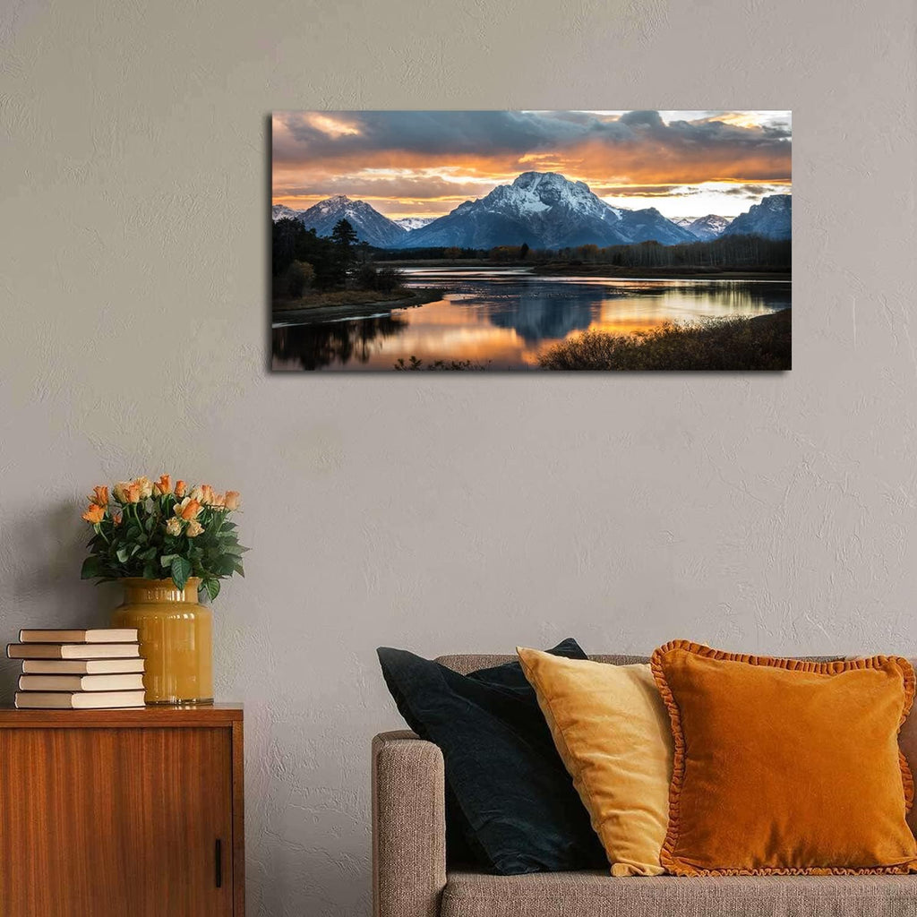 Sunset Mountain Wall Art Nature Grand Teton Landscape Canvas Wall Decor National Park Wall Art Oxbow Bend Snake River