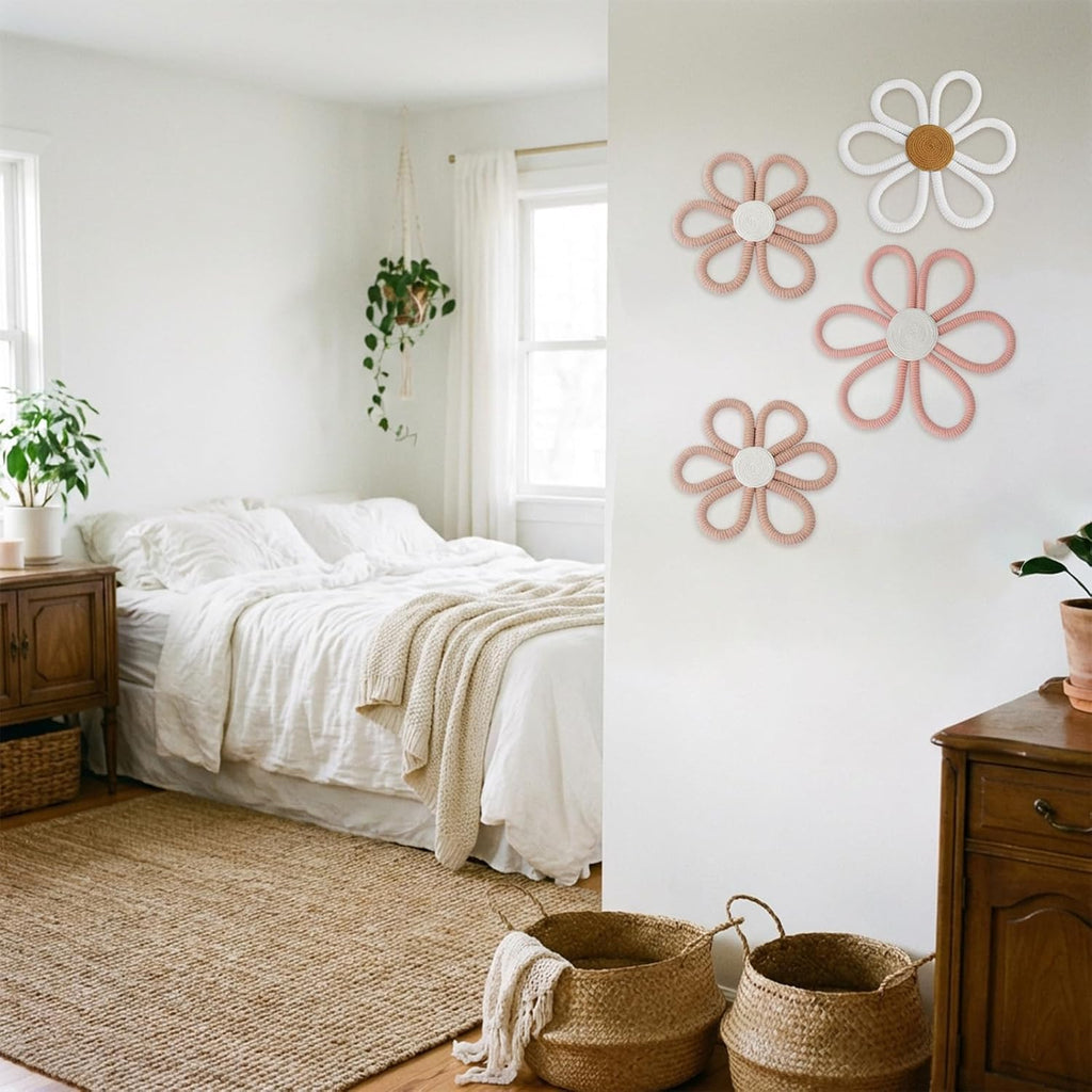 6 Pcs Boho Nursery Decor Daisy with Hooks 3 Size Daisy Flower Wall Decor Bohemian Nursery Decorations Flower Woven
