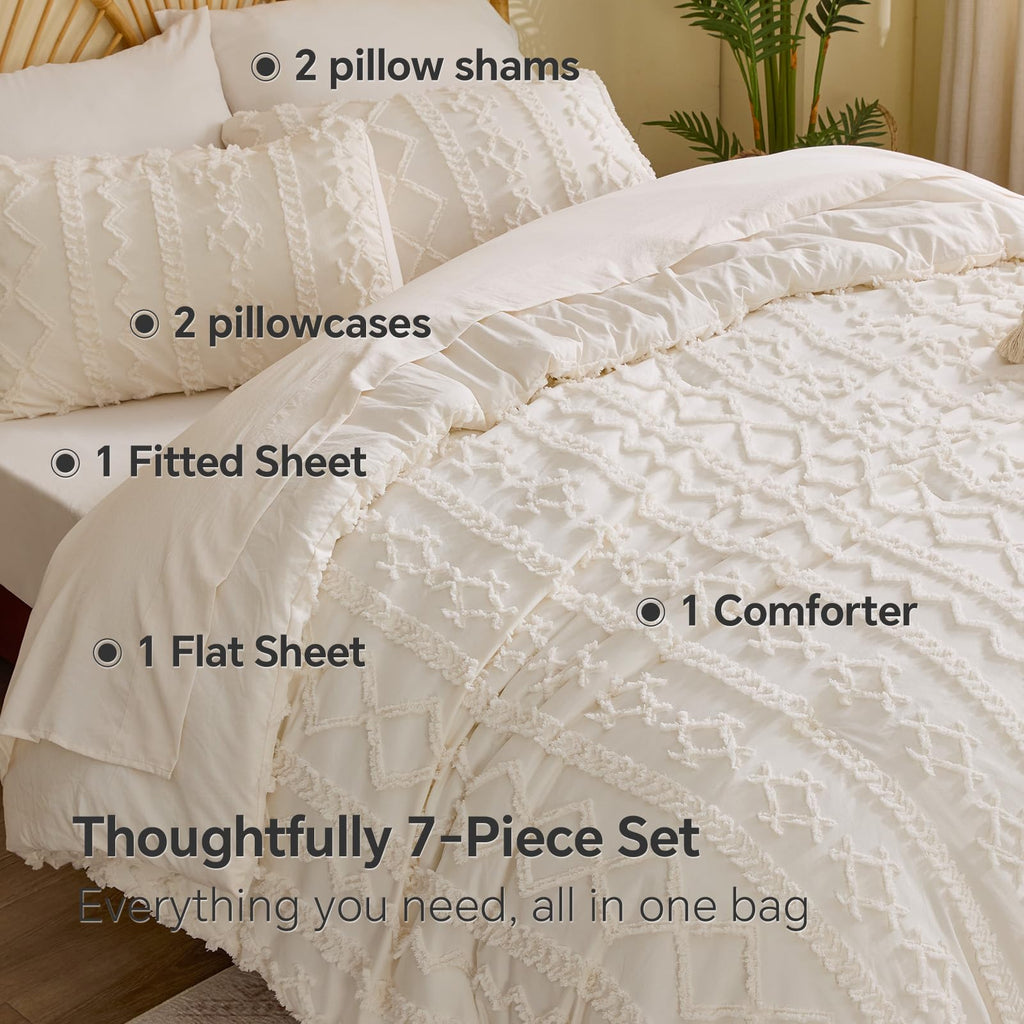 Queen Comforter Set 7 Pieces, Boho Bed in a Bag, Cream White