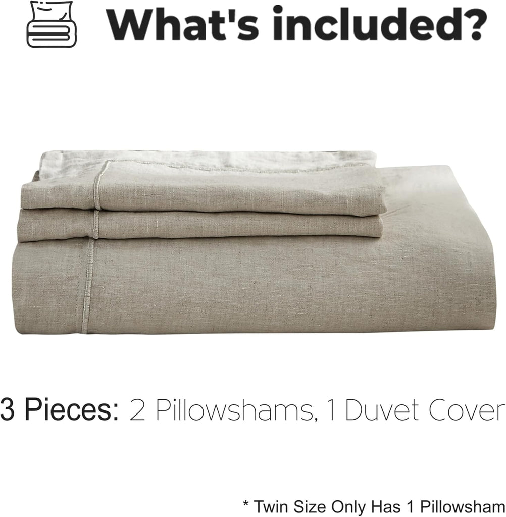 100% Washed Linen Duvet Cover Set with Embroidered,3 Pieces Soft Farmhouse Comforter Set with Button Closure,1 Duvet
