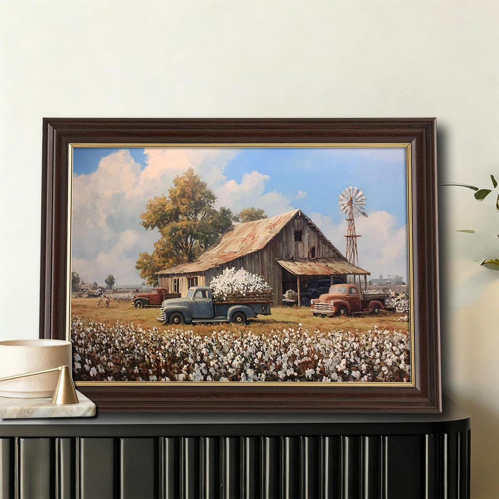 Vintage Framed Cotton Field Canvas Wall Art, Old Farm Trucks with Windmill Canvas Prints Pictures, Southern Farmhouse