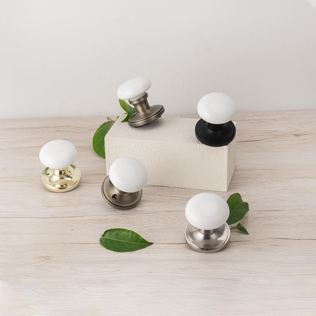 White Porcelain Door Knob with Zinc Plate, Fixed Black Dummy Pull