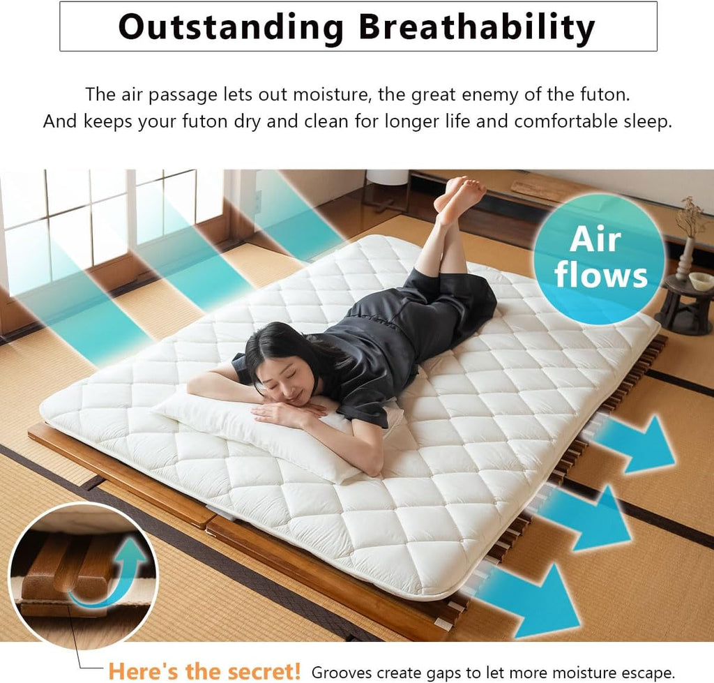 Wood Roll-Type Slatted Bed for Japanese Futon Mattress (Brown), Breathable Floor Sleep Tatami Mat