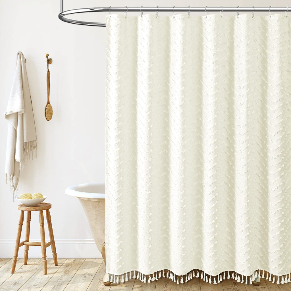 Extra Long Boho Fabric Shower Curtain Tufted Chevron 72"x84" Cream
