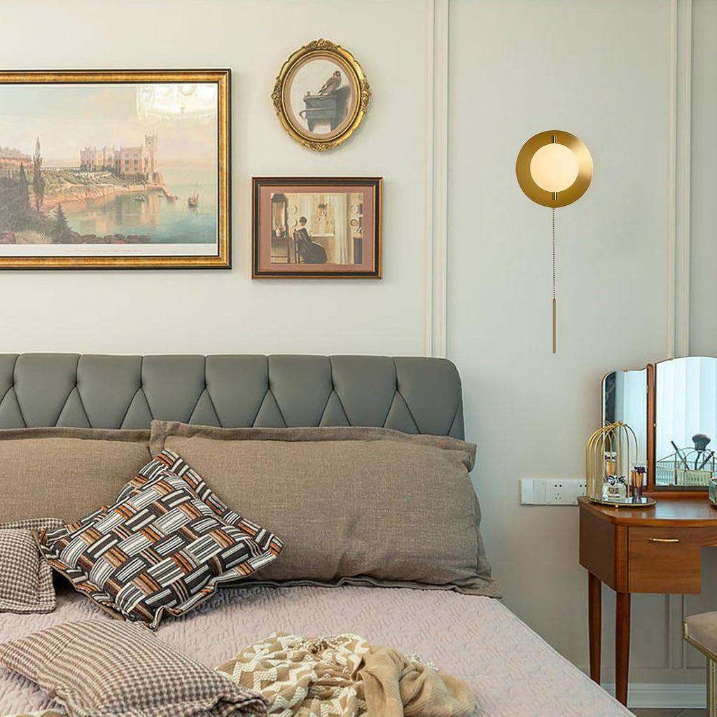 Modern Gold Pull Chain Wall Sconce with Milk Glass Globe Shade | Glass Wall Light, Vintage, G9 Base, Bedroom, Living