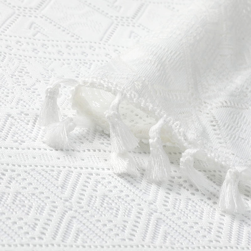 White Boho Sheer Lace Window Curtains with Tassel, 40" Wx72 Lx2