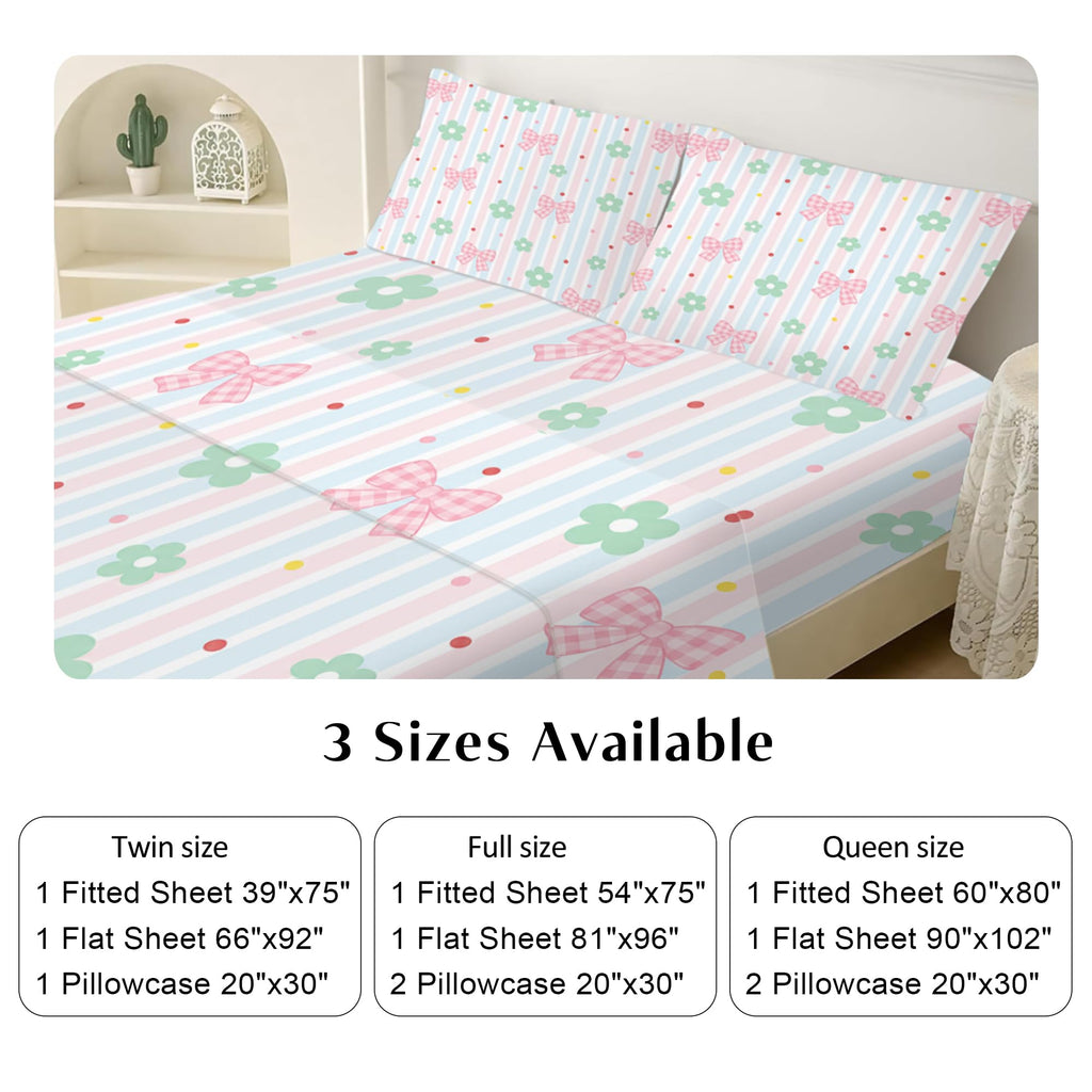 Pink Striped Gingham Bow Floral Fitted Sheet Set