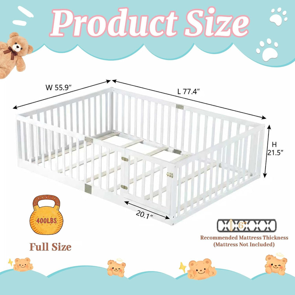 Montessori Floor Bed with High Rails, Door & Slats for Kids, White