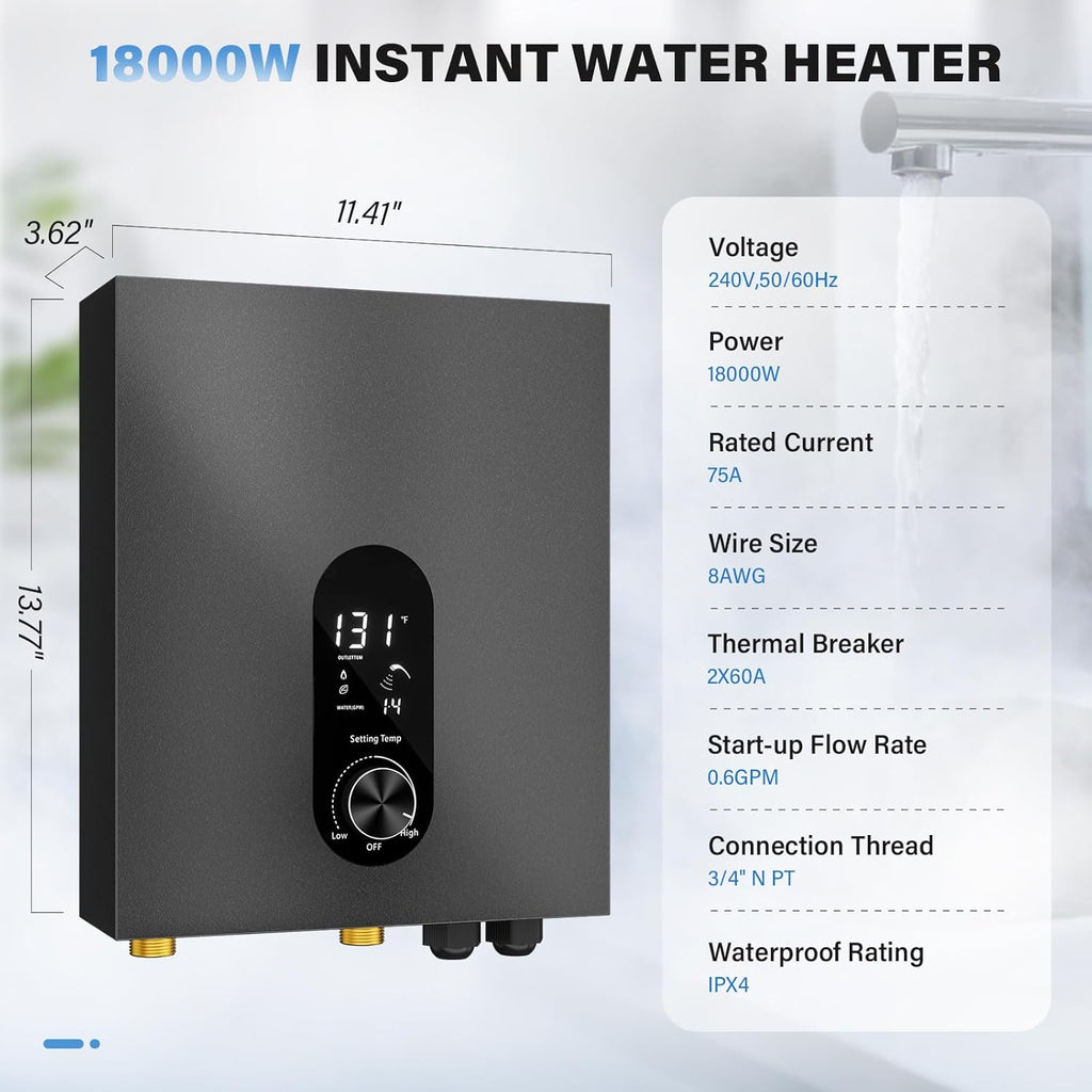 Tankless Water Heater Electric 18KW Instant Hot Water Heater Under Sink