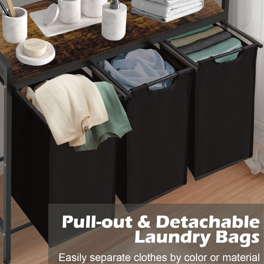 Large Laundry Hamper Sorter with 3 Removable & Pull-Out Sorting Bags, Wooden Top Shelf, Versatile Laundry Basket