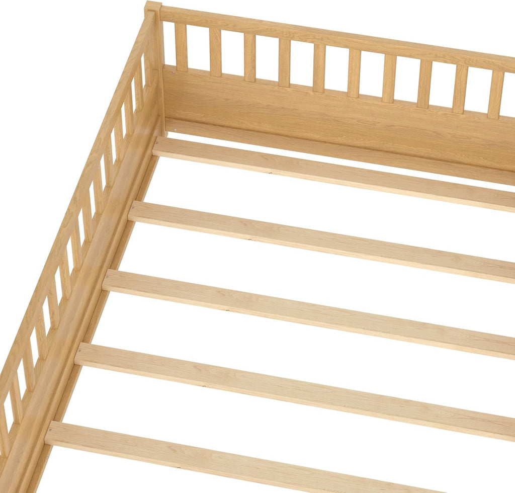 Full Size Floor Bed with High Fence, Wood Montessori Bed with Slats and Guardrails