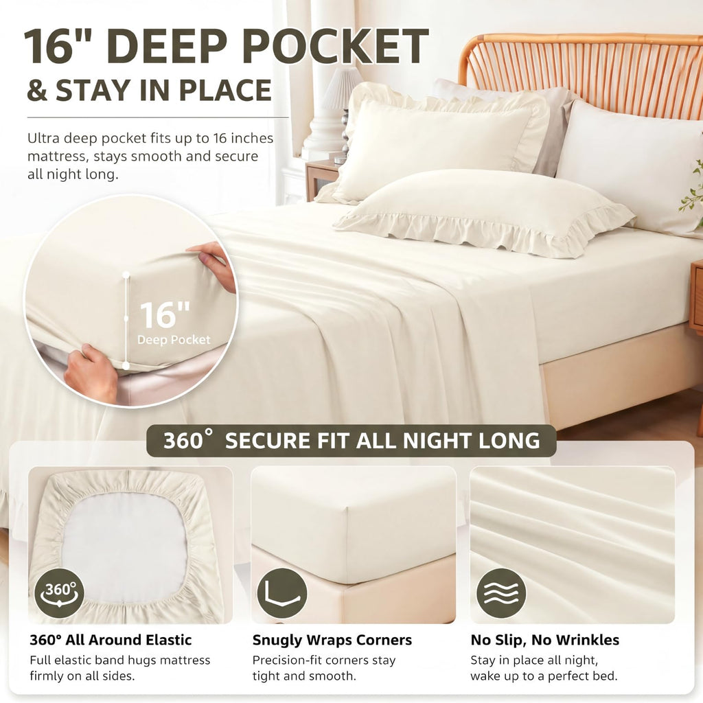 Beige Queen Comforter Set 5 Pieces Ruffle Shabby Chic Bedding Set for All Season Lightweight Fluffy Soft Microfiber