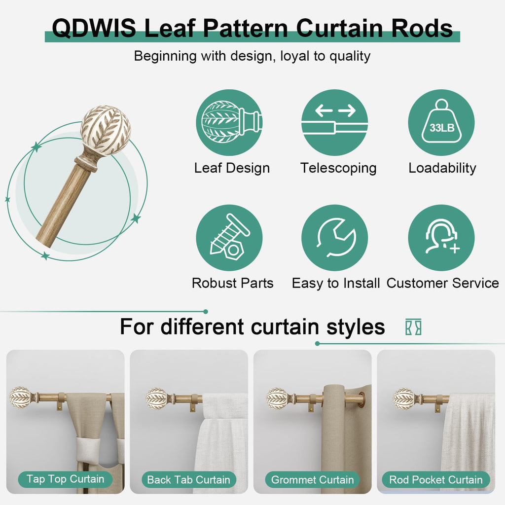 2 Pack Boho Wood Curtain Rods for Windows 28 to 48 inch, 1" Adjustable Heavy Duty Window Curtain Rod with Imitation