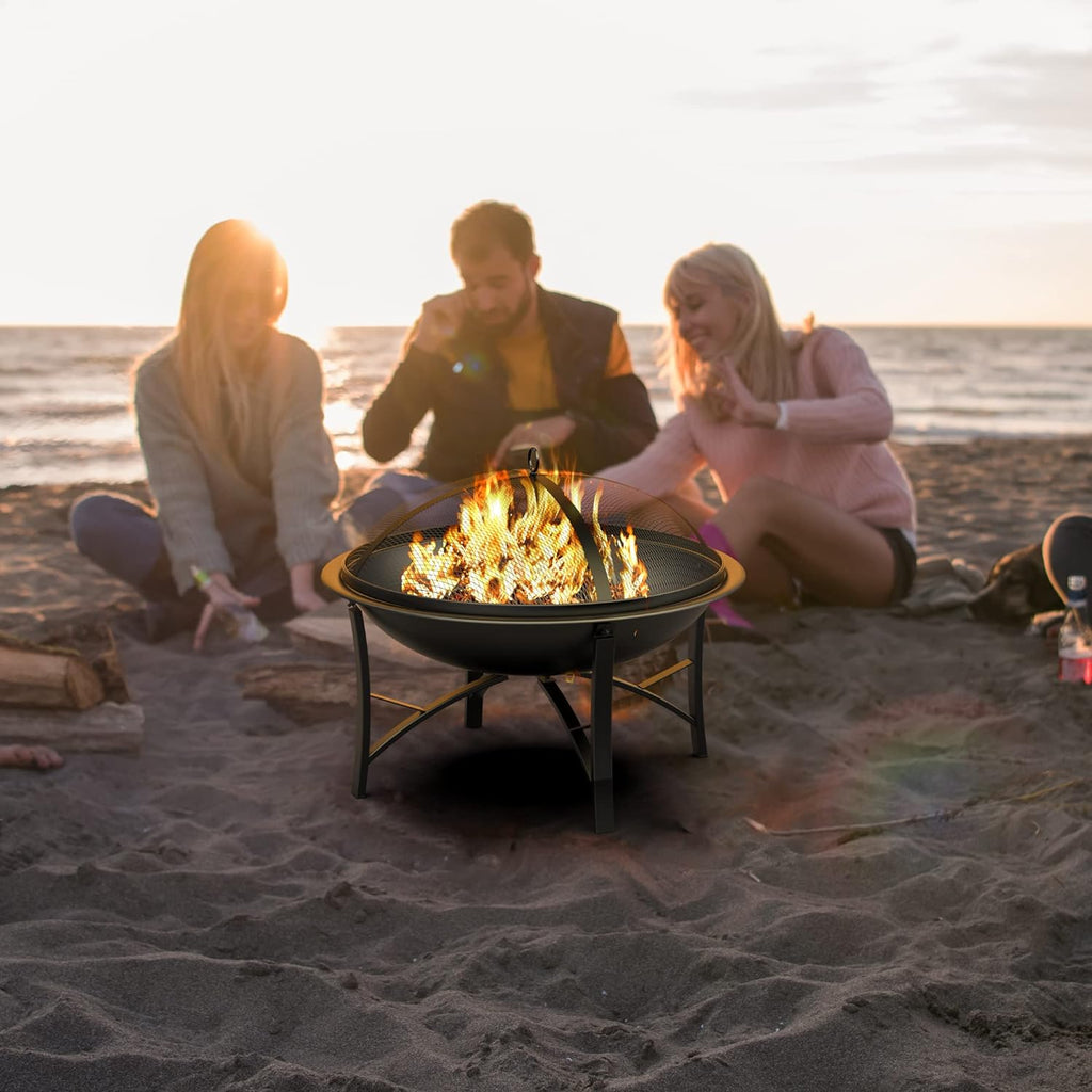 Fire Pit for Outside Wood Burning,BBQ Grill Steel Fire Bowl with Spark Screen Cover,Log Grate,Poker for Camping Beach Bonfire Picnic Backyard Garden - Image 4