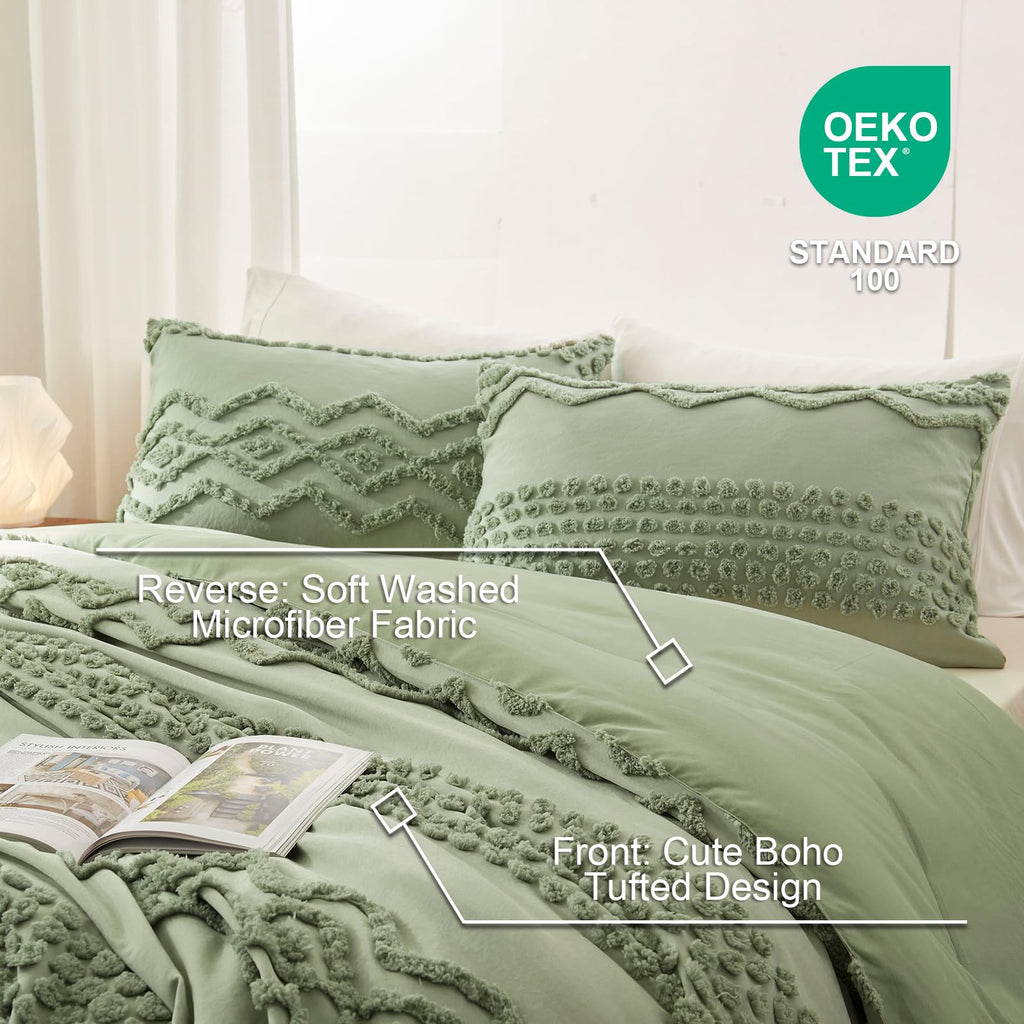 Sage Green Tufted Comforter Set, 3 Pieces King Boho Bedding Set