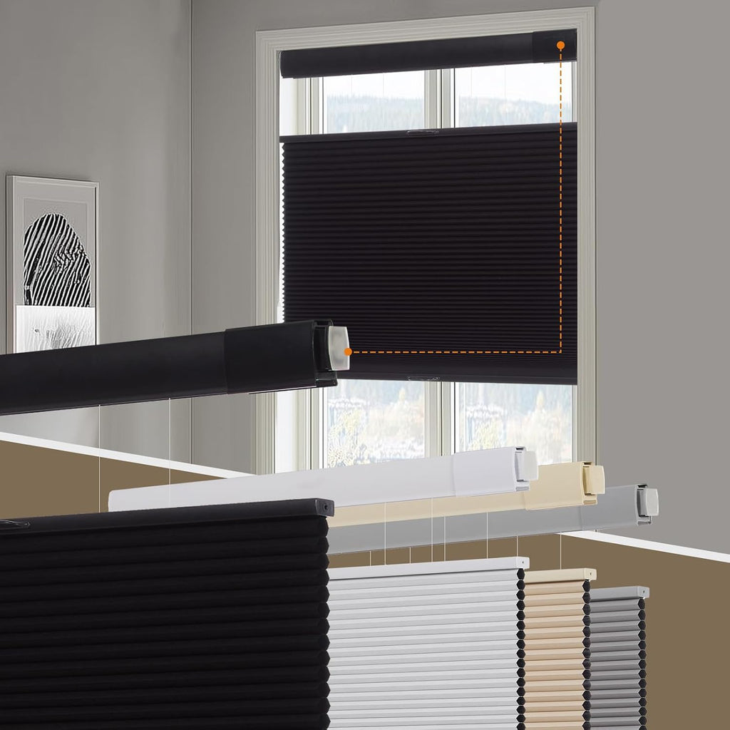 No Drill Blackout Cellular Shades for Windows,White | Top Do - Black()