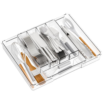 Clear Expandable Silverware Drawer Organizer,9.4-15.6In Adjustable Silverware Tray for Drawer,Acrylic Kitchen Utensil
