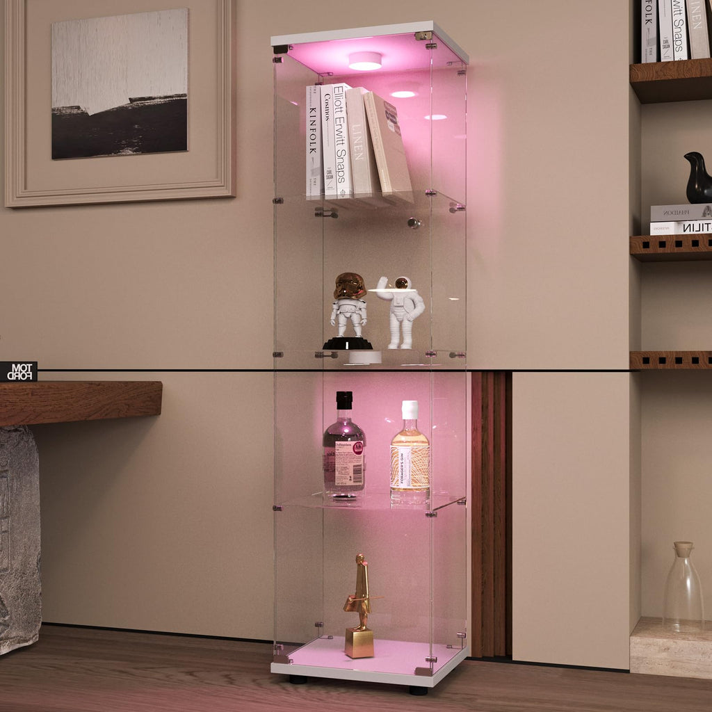 4-Tier Glass Display Cabinet with LED&Lock, Display Case White