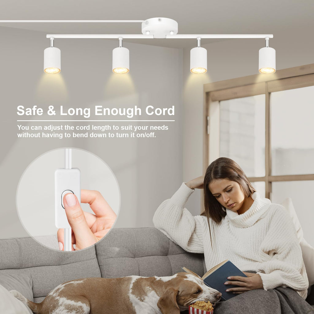 Plug in Track Lighting LED, Track Lighting Fixtures Ceiling, White 4-Light Kitchen Light Kit, Plug in Wall Light