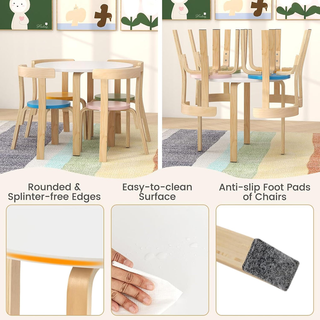 Kids Table and Chair Set, Bentwood Toddler Round Table and 4 Chairs for Craft Art, Building Block, Piece Children