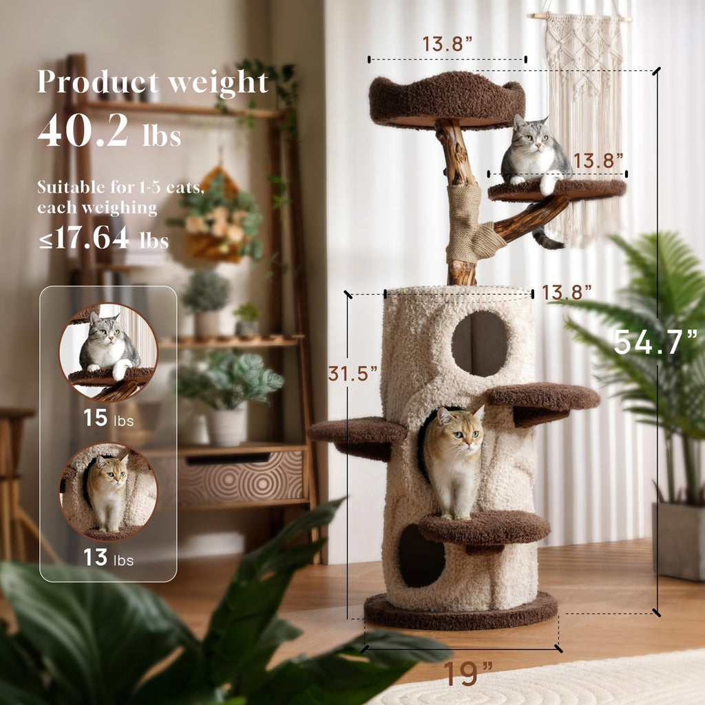 54.7'' Tall Modern Wood Cat Tree with 3 Level House, Luxury Cat Tower Decoration, Large Cat Condo for Multi-Cat