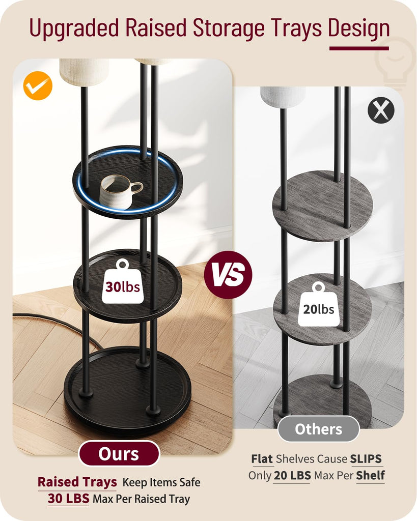 Floor Lamp with Shelves, 3-Light Floor Lamps, Modern Standing Lamp with Linen Shades and Foot Switch, 66.1'' Tall