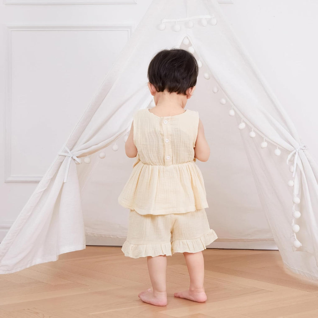 Toddler Girl Summer Outfits Solid Linen Outfit Two Bows Front Ruffle Tank Tops Shirts Shorts Cute Baby Girl Clothes