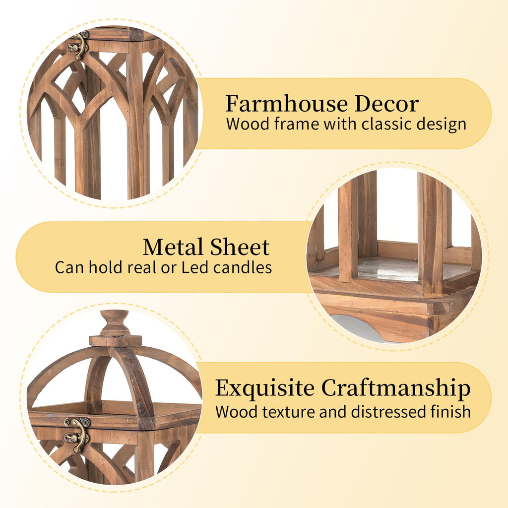 Farmhouse Wood Candle Lantern Decorative 12"/16", Set of 2, Brown