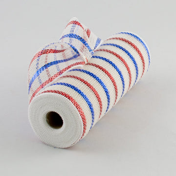 Imports 10.25 inch Metallic Poly Fiber Deco Mesh Ribbon, White Red and Blue Striped Wired Mesh for Wreaths, Garlands