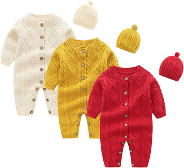 Newborn Baby Boys Girls Sweater Knitted Romper Toddler Casual Outfit with Warm Hat Set