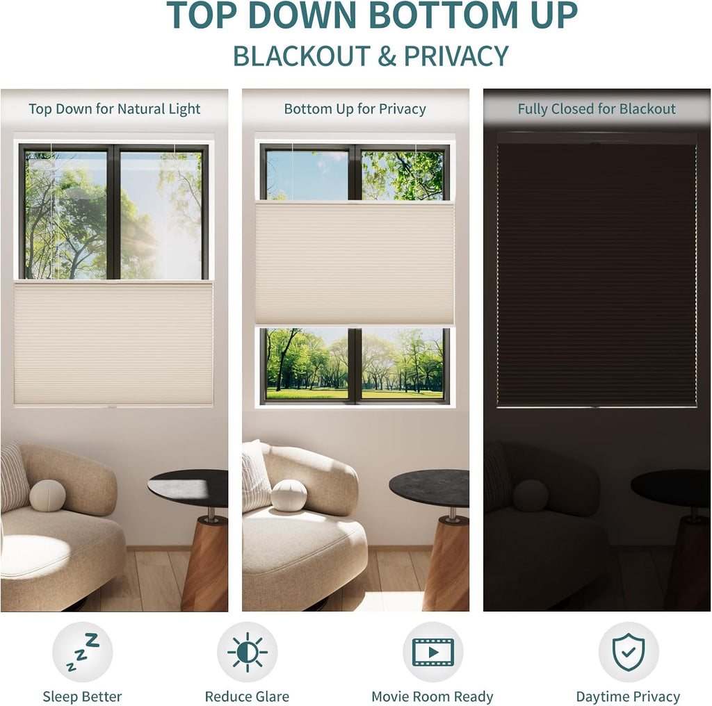 Top Down Bottom Up Shade Cordless Cellular Shades Blackout Blinds for Indoor Windows Room Darkening Window Blinds &