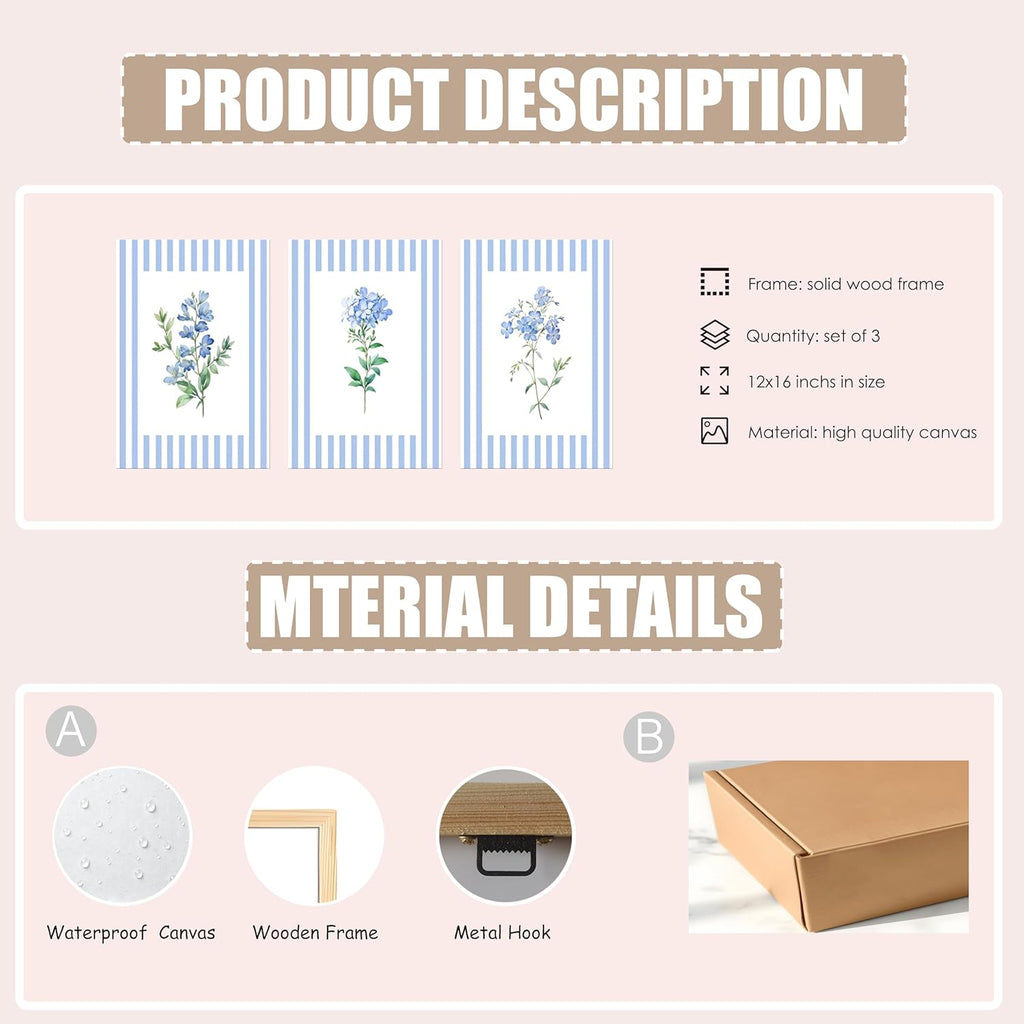 Rustic Blue and White Striped Canvas Floral Wall Art Prints Set of 3, Retro Cottagecore Botanical Flower Posters