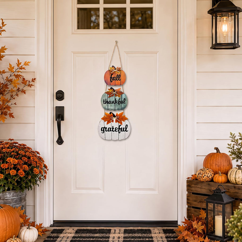 Pumpkin Fall Door Decor, Thanksgiving Fall Decorations, Wooden Pumpkin Hanging Fall Door Decor Sign with Letter