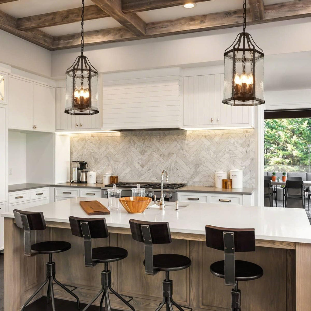 10" Modern 5-Light Exterior Black Lantern Pendant Light Fixture with Clear Rippled Glass Mini Industrial Hanging Cage