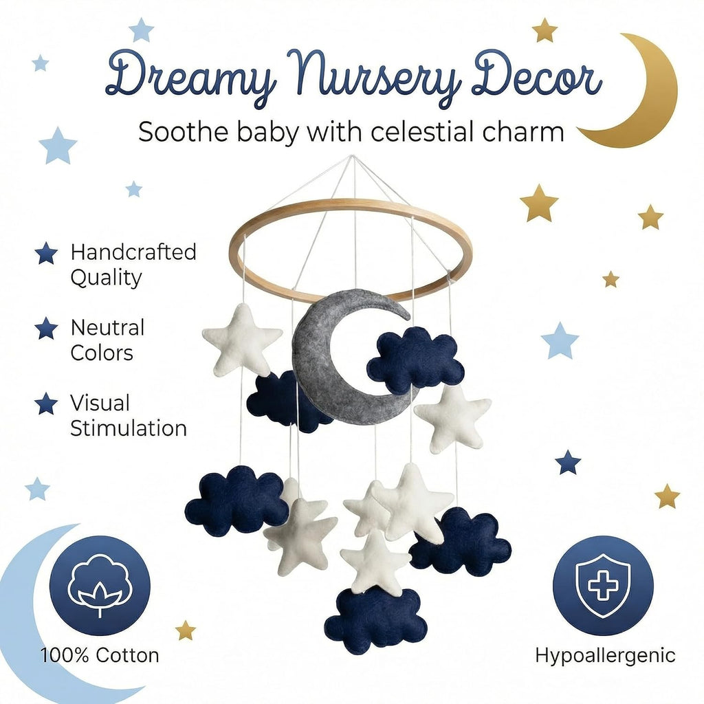 Baby Mobile - Blue Moon, Stars & Clouds Crib Mobile for Boys