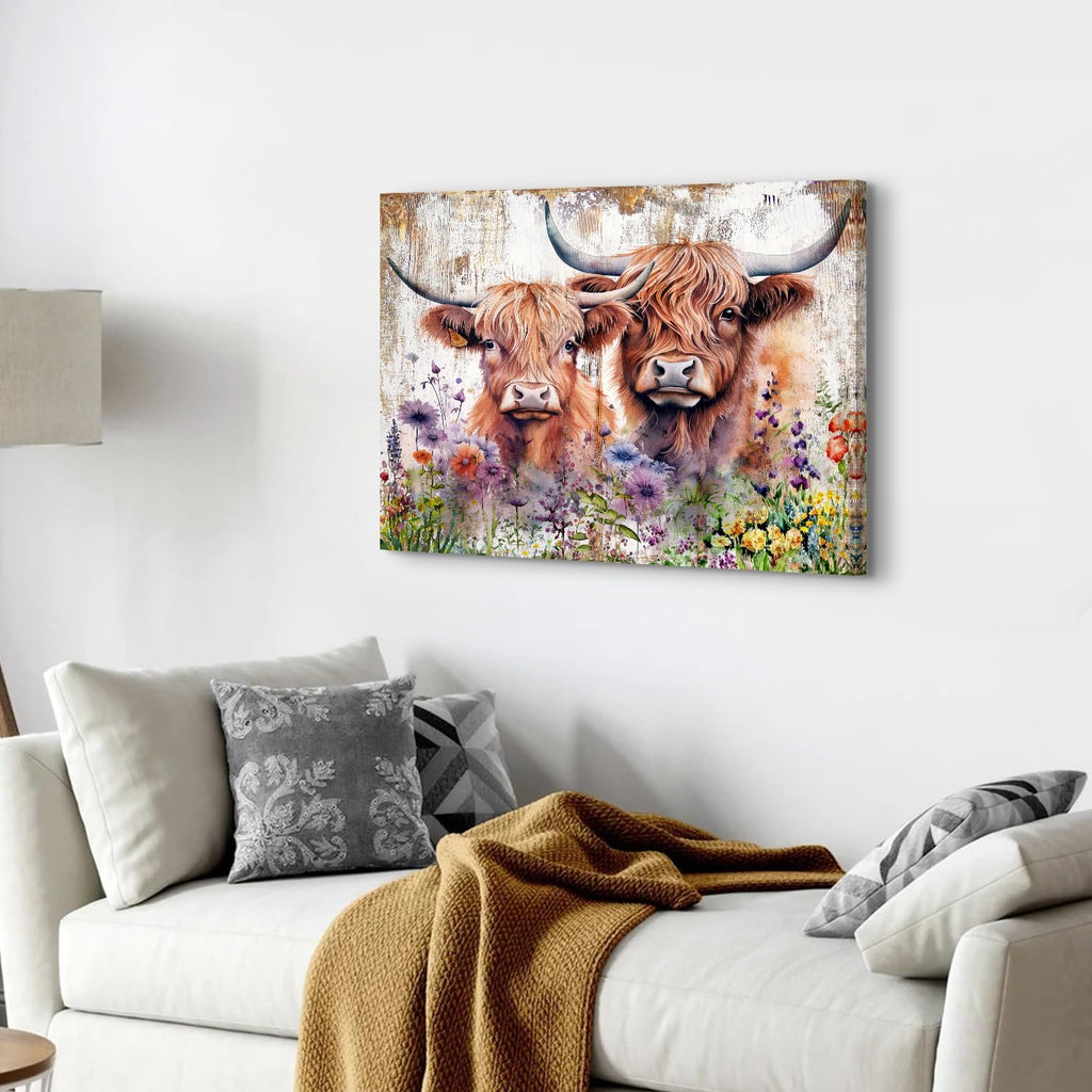 Cute Highland Cow Wall Art Rustic Cows Picture Wall Decor Nursery Room Decor Farmhouse Wildflower Scottish Cow