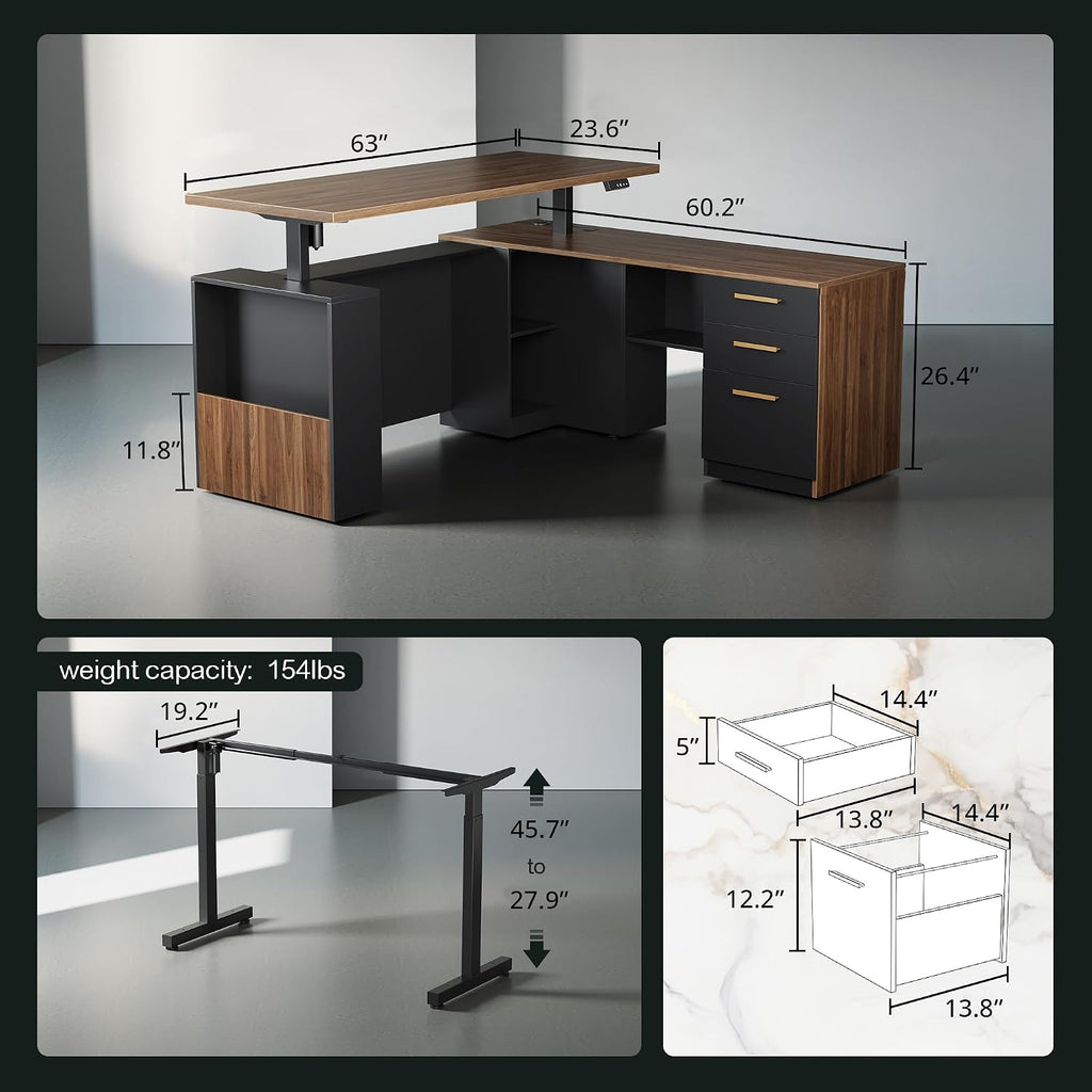 63" L Shaped Executive Standing Desk with 3 Drawers | Electric standing desk with Privacy Panel, AC/USB, 1.18"