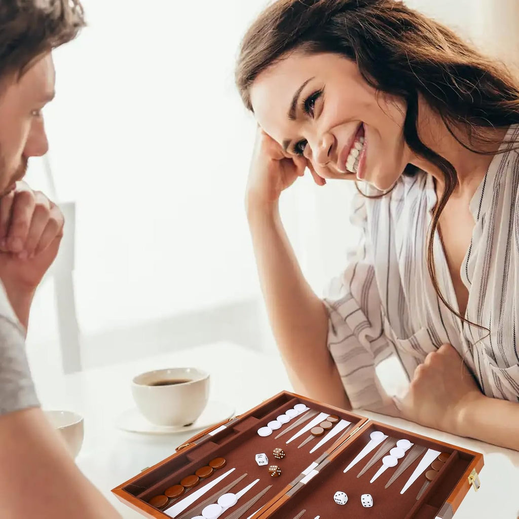 Backgammon Set - Classic Board Game with Premium PU Leather Case & Portable Travel Strategy Backgammon Game Set