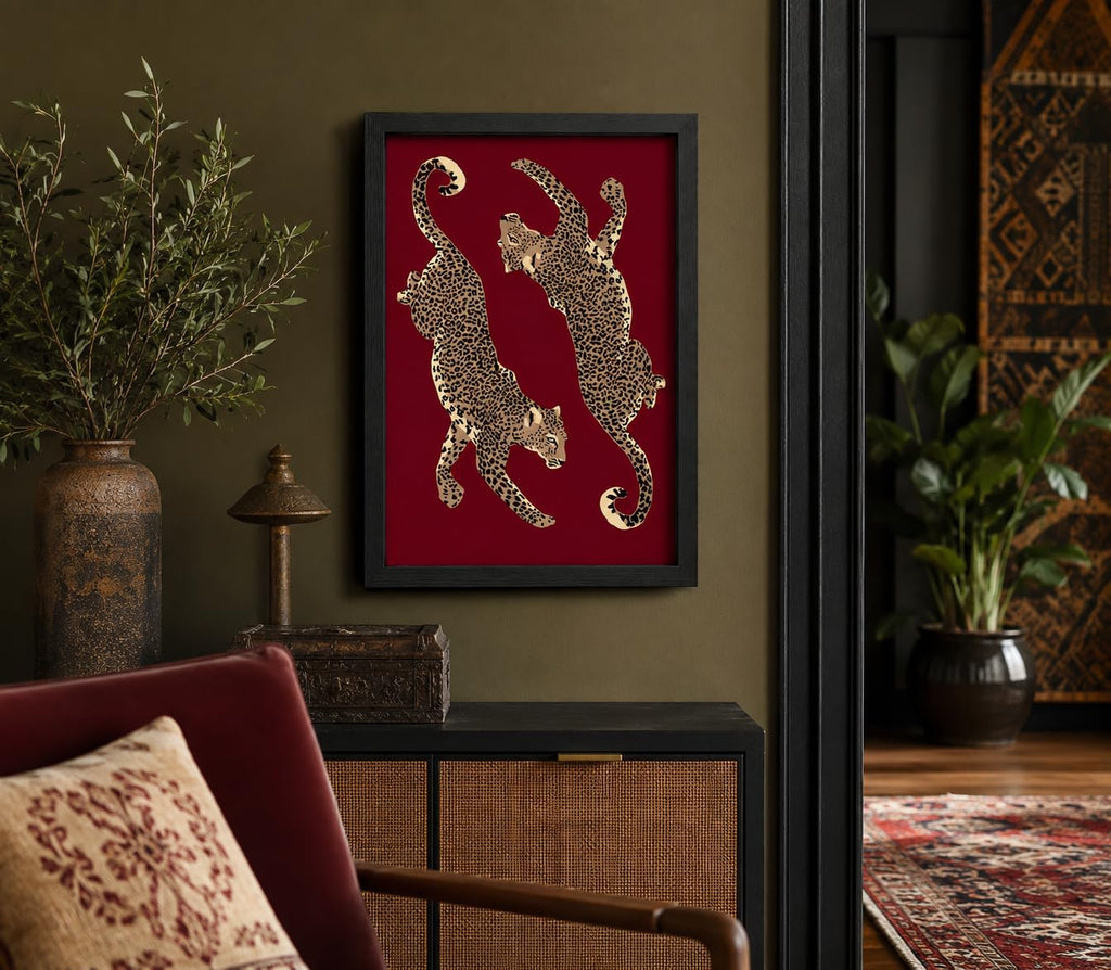 Framed Burgundy Leopard Canvas Wall Art, Vintage Panther Print Wall Decor, Modern Animal Painting, Aesthetic Wild Cat