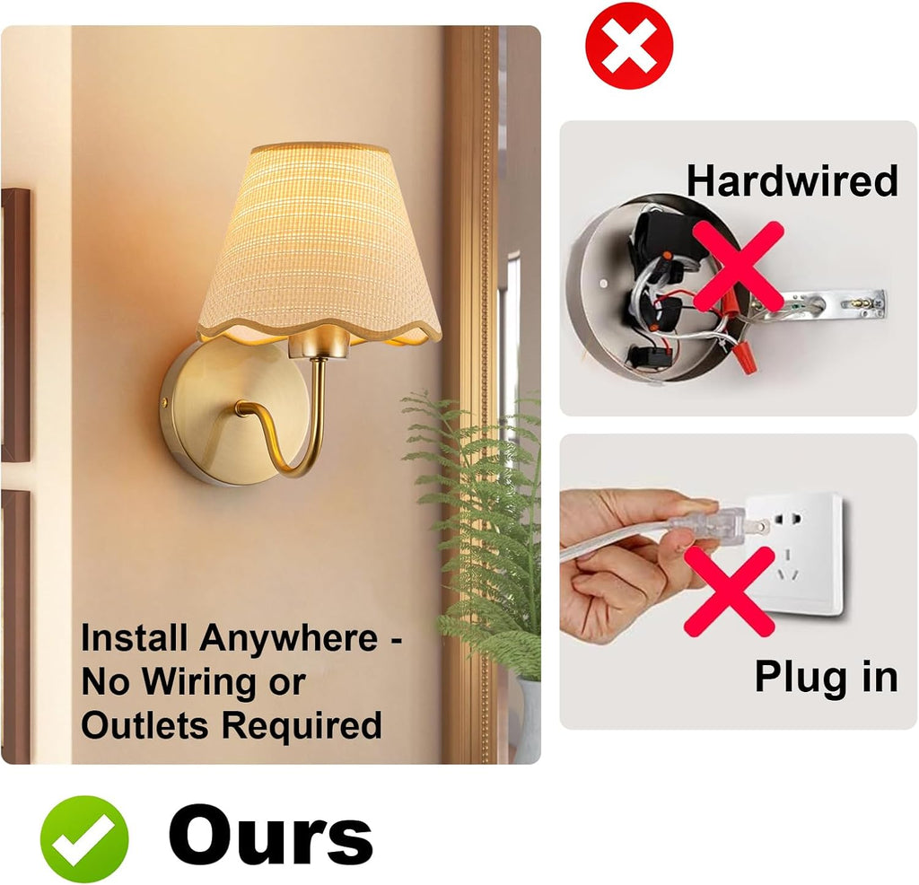 Battery Operated Wall Sconce Set of 2, Gold Wall Lamps Rechargeable Bulbs for Living Room, Rattan Shade Wireless Wall