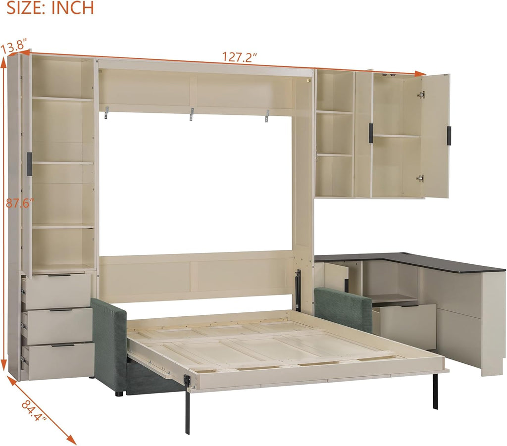 Queen Murphy Bed with Couch,L-Shape Desk and Storage Cabinet & LED, Wood Folding Murphy Wall Bed with Desk,Sofa and