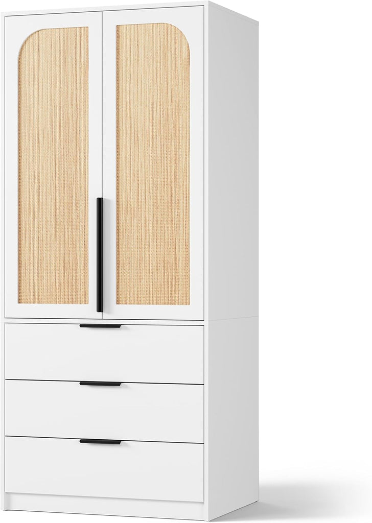 70" Wardrobe Armoire Wooden Closet with 3 Drawers, White | Bedroom Armoire with Hanging Rod Shelf, Large Capacity