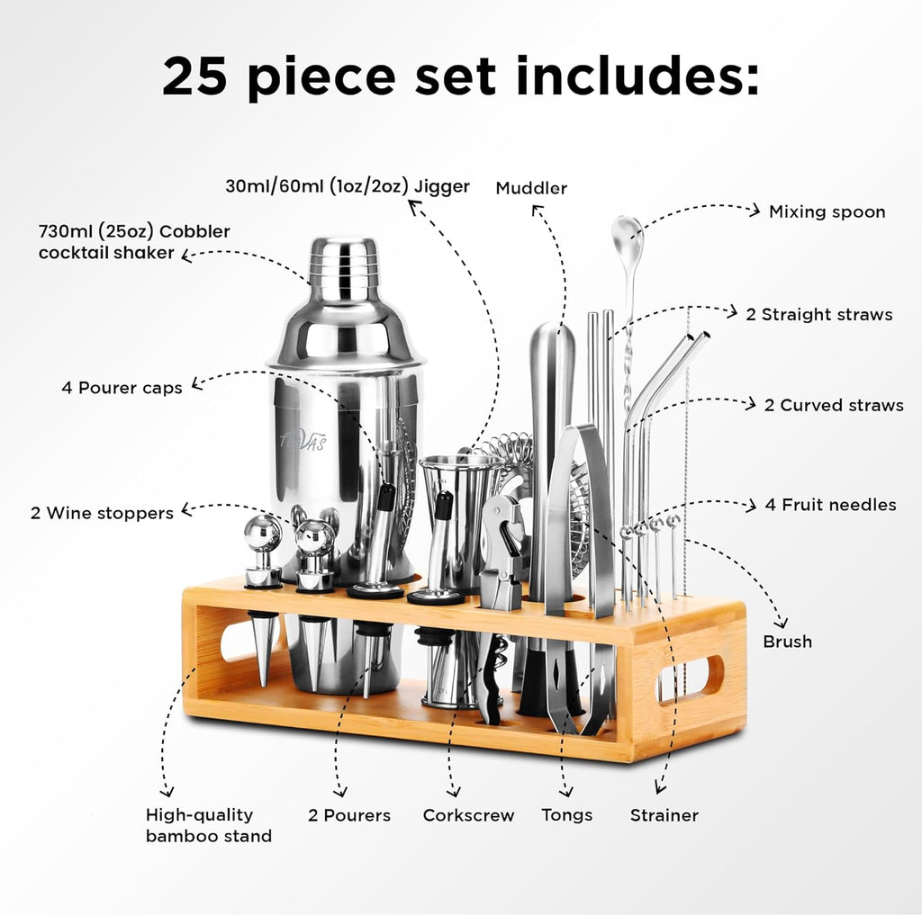Mixology Bartender Kit with Japanese Jigger & Bamboo Stand - 25 Piece Stainless Steel Cocktail Making Set, Shaker